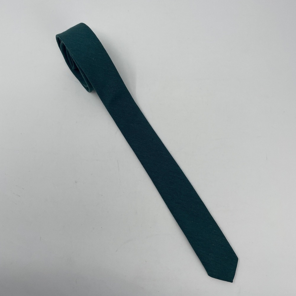 VTG Bonjour Forest Green Skinny Necktie Solid Woven Matte Academic Chic USA Made
